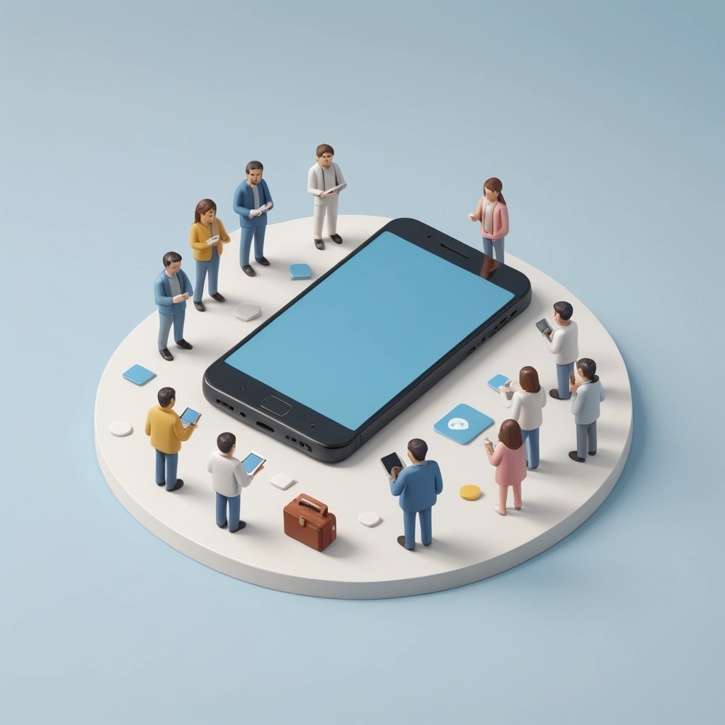 Gente alrededor de un gran teléfono móvil